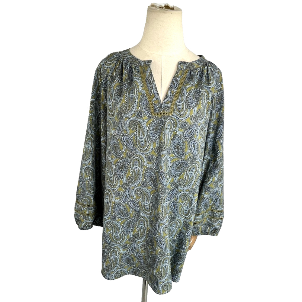 Lands End Tunic Shirt Top Womens XL 18 Paisley Green Blue Long Sleeve Boho - Picture 14 of 15